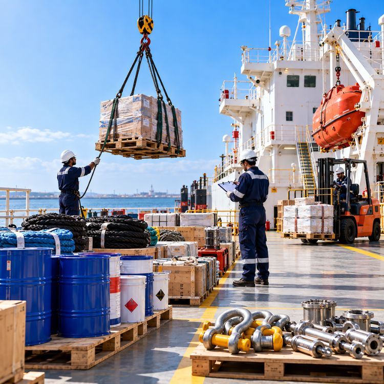 Offshore lighterage launch boat delivering ship stores and provisions to ocean vessel at outer anchorage - Earnest Marine